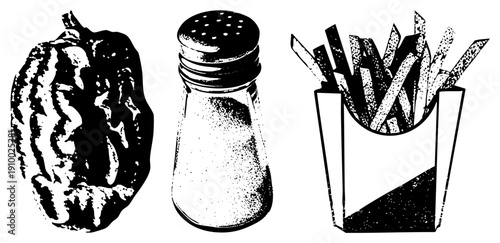 Halftone vector illustration of watermelon, salt shaker, and fries in paper basket, classic food, black and white graphic, retro diner style.