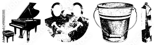 Classic piano with stool, rustic bucket, spray can, and stylized human silhouettes, vector art,, isolated objects, artistic composition.