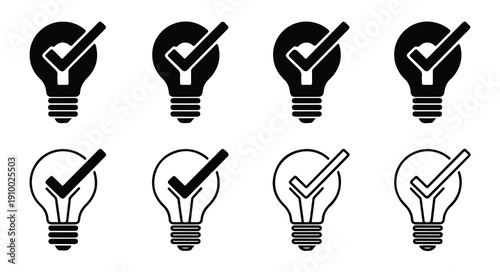 Lightbulb with checkmark symbol variations for approved ideas and creative project validation