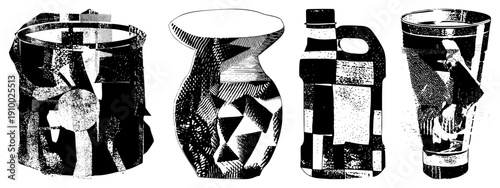 Four stylized containers in high contrast halftone, angular,. Vase, jug, bottle, tumbler with abstract forms.