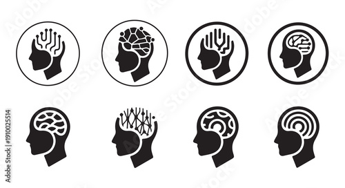 Artificial intelligence brain vector icons, human head with circuit board inside, ai mind technology