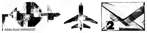 Stylized vector fragmented geometric forms, sleek jet plane, sealed envelope marked with numeral two. halftone texture, graphic design elements.
