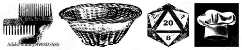 Retro comb with teeth, handwoven basket, twenty sided die, chef’s toque, vector, stylized graphic elements, isolated symbols.
