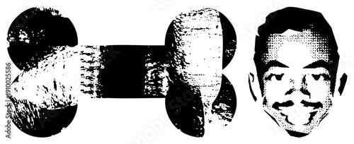 Retro halftone graphic of dog bone and stylized human face, vector art, isolated elements, classic print aesthetic, nostalgic design.
