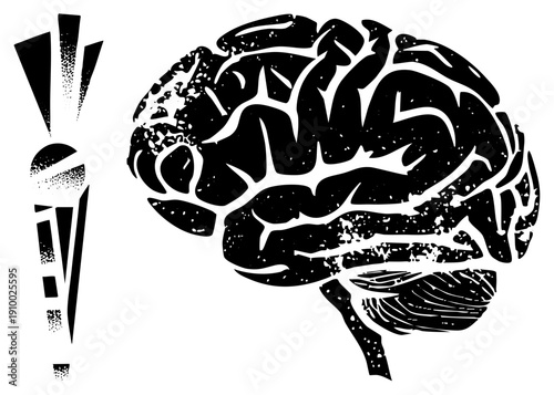 Graphic representation of human brain with stylized thought rays, halftone texture, black and white vector art, cognitive concept, mental activity symbol.