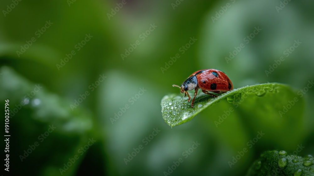 Fototapeta premium Tiny ladybug with dew drops resting on a vibrant green leaf in soft natural light