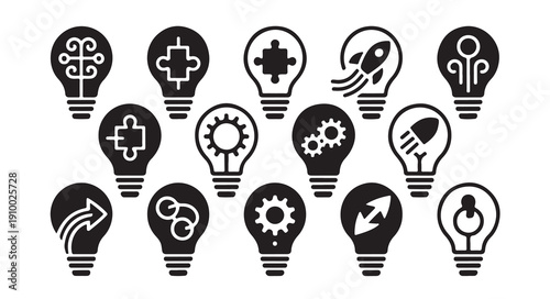 Set of black and white light bulb icons representing various concepts of idea and innovation