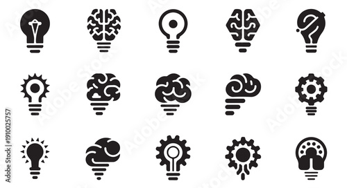 Assortment of black and white icons representing ideas, brains, and mechanical innovation