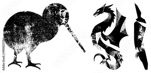 Stylized kiwi bird and dragon in halftone dot, vintage graphic design, black and white vector art, isolated animal, textured silhouette illustrations.