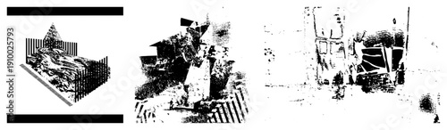 Modern art installation featuring fragmented shapes, halftone shading, isometric view, vector design, abstract composition, architectural form, graphic art piece.