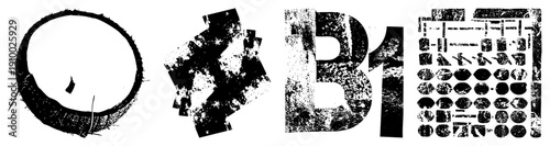 Distressed typographic symbols, abstract letterforms, graphic design glyphs, vector, gritty texture, stencil style, characters.