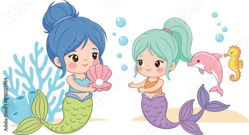 Vector illustration of cute cartoon mermaids with a pearl shell, dolphin, and seahorse in an underwater setting