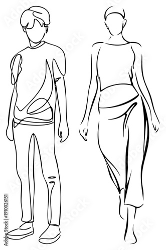 Stylized drawing of male and female figures, fashion sketch, human silhouette, vector character, minimalist design, fashion modeling, apparel concept.