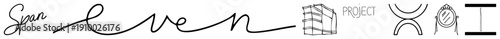Artistic cursive typography "Span Even" paired with geometric building sketch, "PROJECT" text, symmetrical, and mirror minimalist vector design elements.