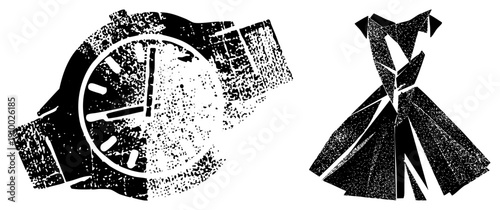 Distressed black and white vector of wristwatch and gown, halftone texture, graphic design elements, fashion and time motifs, isolated foreground.