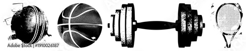 Athletic gear set including basketball, dumbbell, and tennis racket rendered in halftone, vector graphic, isolated sports symbols for design use.