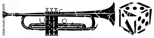 Stylized trumpet and die, vector art with grunge effect, musical instrument and gaming symbol, black and white illustration, isolated elements.