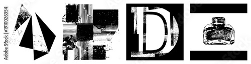 Stylized graphic elements featuring fragmented forms, halftone textures, and bold contrasts, ideal for modern design, digital art, or print.