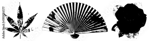 Distressed leaf, vintage folding fan, textured rose bloom, vector art, gritty aesthetic, graphic design elements, isolated, stylized botanicals.