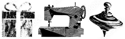 Retro sewing machine with diagonal stripes, spinning top with concentric rings, distressed texture, vector art, craft tools, nostalgic design.