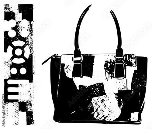 Stylish tote bag with distressed texture, abstract geometric, and curved handles, rendered in high contrast vector art, ideal for fashion design or print.