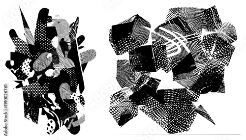 Dynamic abstract composition of fragmented geometric shapes with halftone textures, vector art, graphic design elements,, stylized chaos.