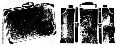 Retro travel case with worn surface, dotted halftone, classic luggage design, vintage suitcase, portable travel gear, black and white vector illustration.