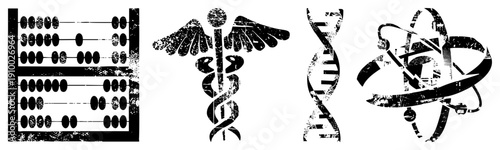 Four symbolic abacus for calculation, caduceus for medicine, DNA for genetics, atom for science all in distressed black vector style.