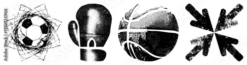 Vector sports symbols including soccer ball with grid distortion, boxing glove, basketball with halftone texture, and starburst arrow. Ideal for athletic branding, game apps, or fitness design.