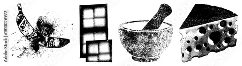 Black and white halftone illustrations of food and household items banana peel splatter, window panes, mortar pestle, cheese slice with holes. Vector cutouts for design use.