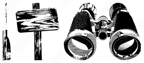 Classic binoculars with textured detailing, rustic wooden signpost, paddle with grain, halftone vector art, outdoor exploration gear, isolated graphic elements.