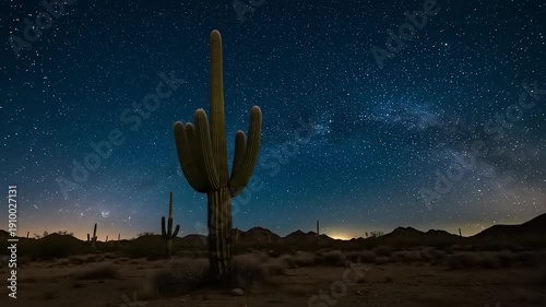 Saguaro Cactus Under Starry Night Sky.