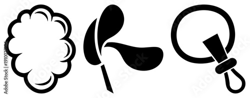 Vector of cloud, fan, and pacifier in bold black, minimalist design, isolated symbols, flat style, graphic elements.