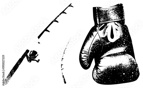 Classic boxing glove with laces and wrist strap, fishing rod with reel, halftone vector art, sport and leisure, black and white graphic design.