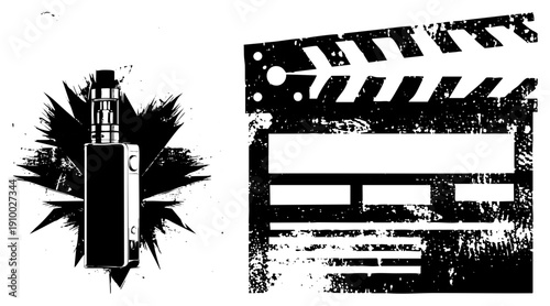 Black and white vector featuring a clapperboard and vape device, stylized with distressed textures and dynamic splatter effects, isolated graphic elements.