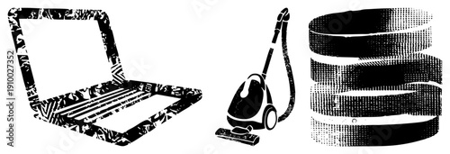Digital device, cleaning appliance, data storage symbols rendered in halftone, vector graphic, tech, black and white, stylized tech elements.