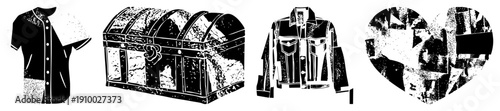 Black/white vector apparel & symbols button front jersey, ornate chest, denim jacket, fragmented heart. Stylized graphics with halftone texture.