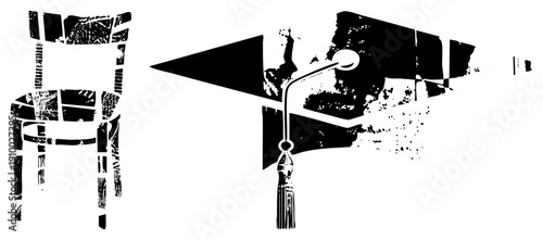 Stylized chair and cap with grunge texture, academic symbol, graduation tassel, rustic furniture, black and white vector art.
