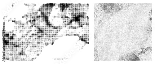 Black and white halftone dots forming abstract shapes, gradient shading, vector graphic, isolated design element, digital art texture.