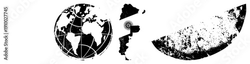 World globe with grid, Argentina map with sun emblem, moon cratered surface, black and white vector design, geographic illustration.