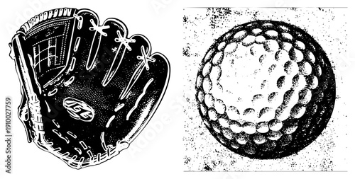 Baseball catcher’s mitt and golf ball rendered in halftone style, sport equipment, athletic gear, vector graphics, isolated foreground elements.