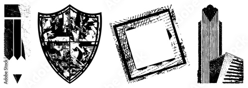 Hand drawn ink illustrations featuring shield, textured frame, abstract shapes, and stylized buildings, rendered in with sketchy and halftone textures.