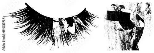 Haunting skeletal hand gripping ornate false lashes, horror makeup prop, gothic fashion accessory, dark beauty element, stylized vector art.