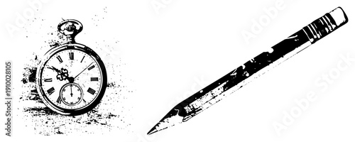 Antique pocket watch with Roman numerals and pencil with eraser, grungy black and white vector art, timekeeping tool and writing instrument, sketchy texture, creative tools.