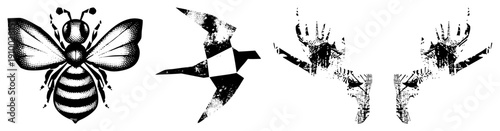 Stylized halftone illustrations of bee, bird, and handprints, vector graphics, graphic design elements, isolated symbols, artistic prints.