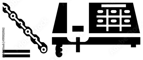 Black vector of bicycle chain and cargo trailer, isolated graphic elements, flat design, transportation symbols, bike accessories, delivery vehicle.