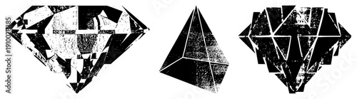 Abstract black and white diamond and shapes with distressed halftone texture, graphic design elements, vector art, geometric, stylized forms.