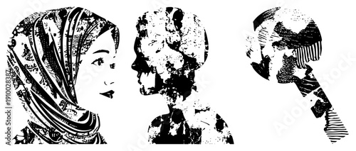 Vector silhouettes of women in profile, one wearing hijab, one with textured hair, one with striped hair, halftone style,, graphic design.