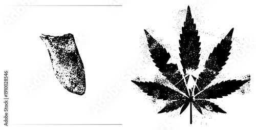 Distressed black leaf with splatter effect, paired with abstract torn fragment, both in gritty halftone style, ideal for edgy design or alternative branding.