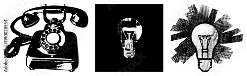 Classic rotary telephone and incandescent lightbulb rendered in bold black and white halftone, vector graphic, isolated, communication and innovation symbols.